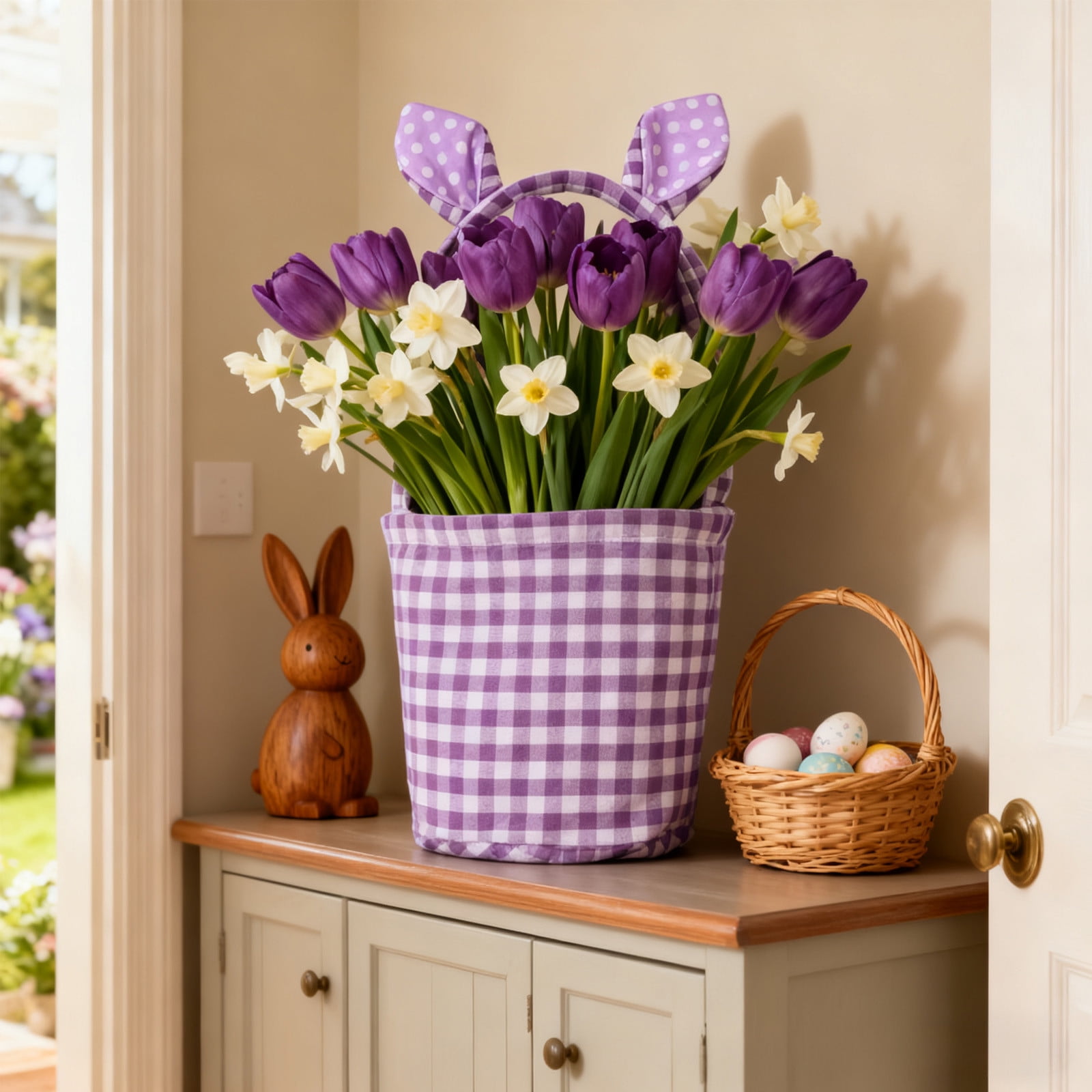 Lunxisen 4 Pcs Easter Bunny Basket Plaid Gingham Easter Buckets with Border Pleat,Cute Easter Basket Tote Easter Eggs Hunt Bag,Easter Decorations,Candy Gifts Storage