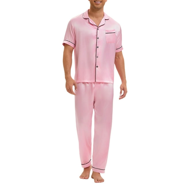 INSPIRAR CHIC Conjunto de Pijamas de Satén para Hombre de Manga Corta con Botones y Pantalones Cortos de Sueño 2 Piezas 2XL Rosa