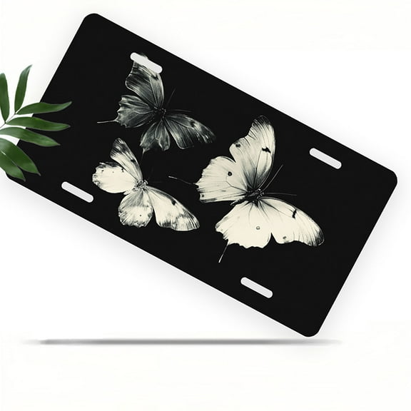 License Plate, Monochrome Butterflies Decorative Front,Personalized Stainless Steel License Plate Cover For Men Women,12.2" X 6.2"