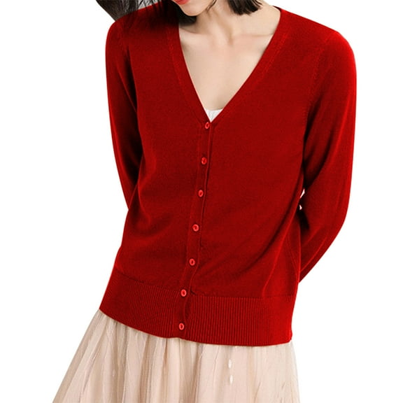 Red Cardigan for Women, Nylon Jackets for Women, Women's Classic Button Down Long Sleeve V Neck Soft Knit Sweater M