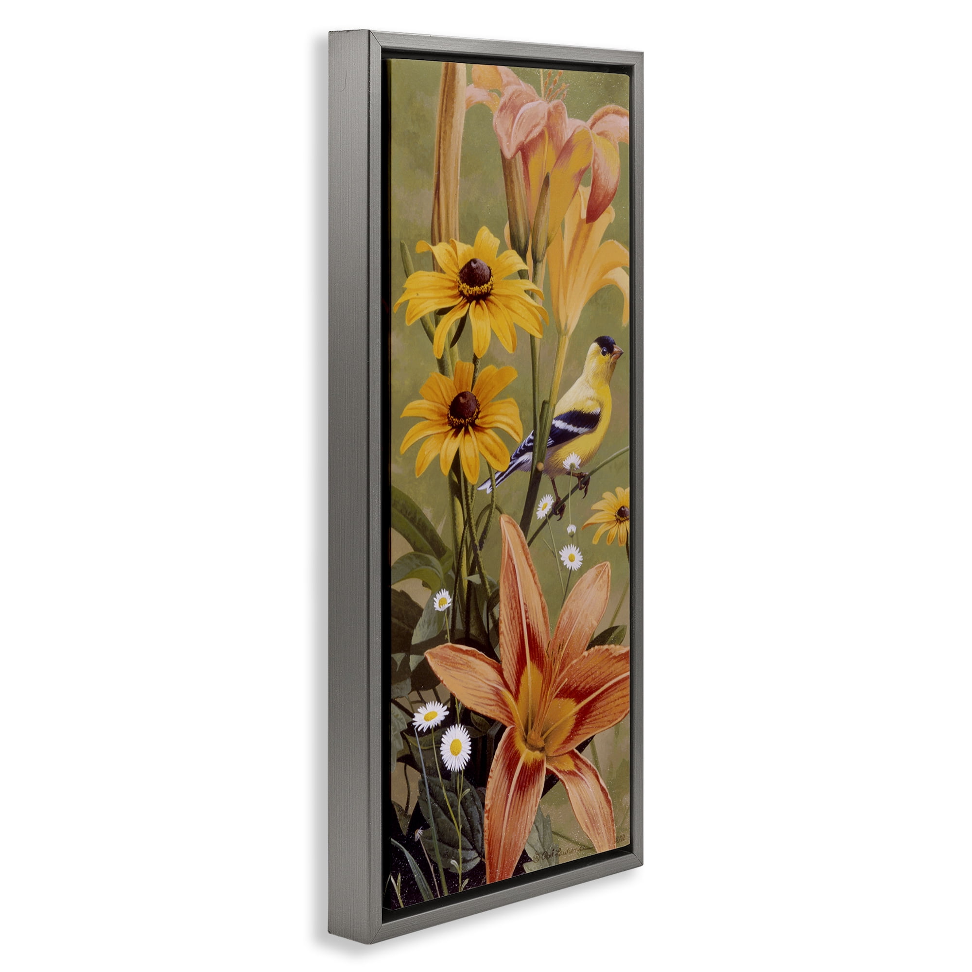 Stupell Industries Among the Flowers Bird Plants & Flowers Painting Gray Floater Framed Canvas Art Print Wall Art, 11 x 25