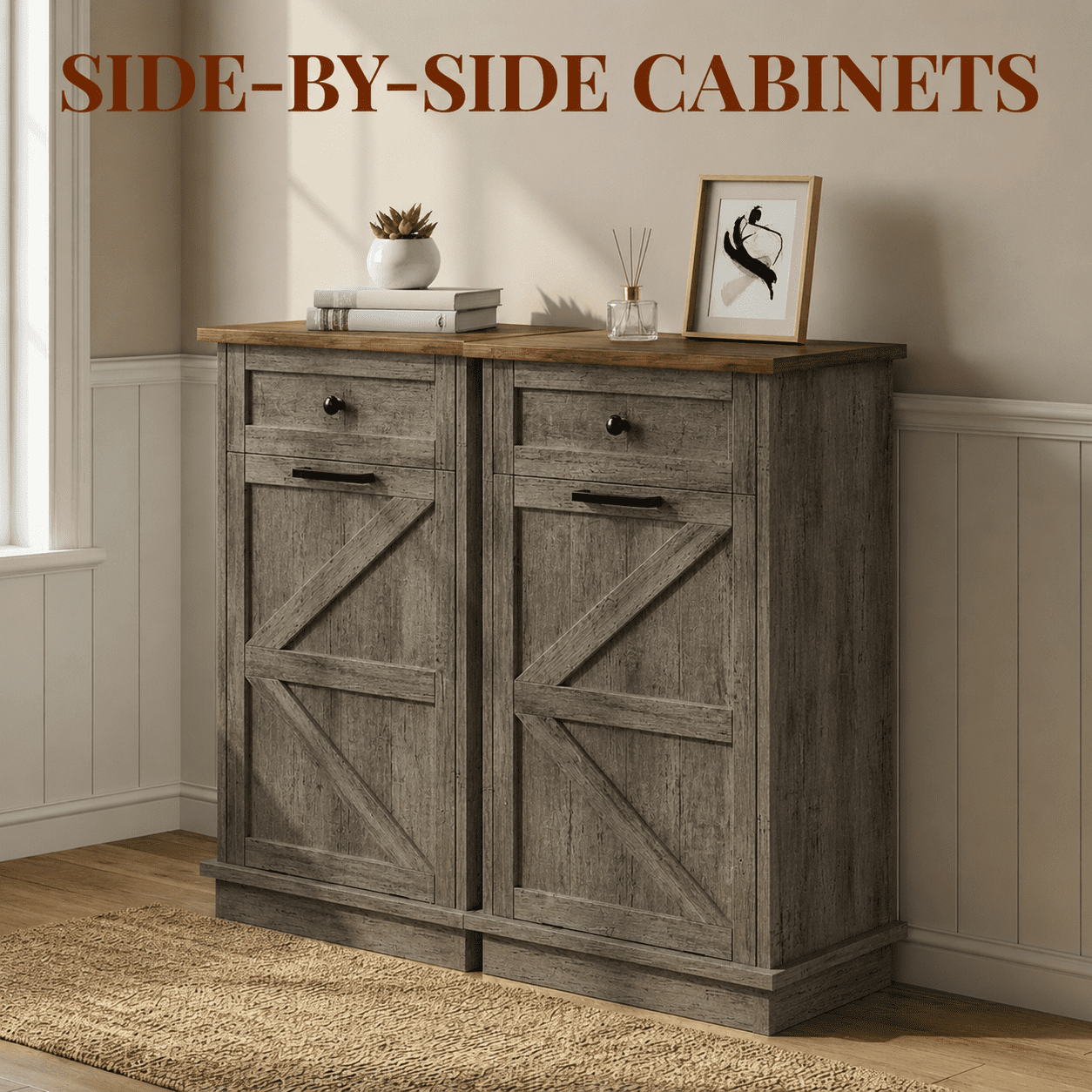 GARITIN Tilt Out Trash Can Cabinet, 10-Gallon Farmhouse Hidden Garbage Cabinet with Drawer, Dog Proof Wooden Trash Storage for Kitchen Laundry Living Room, Grey+Brown