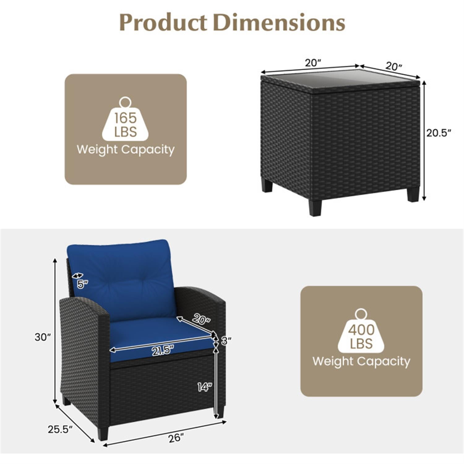 Demi Bonn 3 Pieces Rattan Patio Furniture Set with Washable Cushion, Conversation Armchairs for Garden Poolside Balcony, Navy