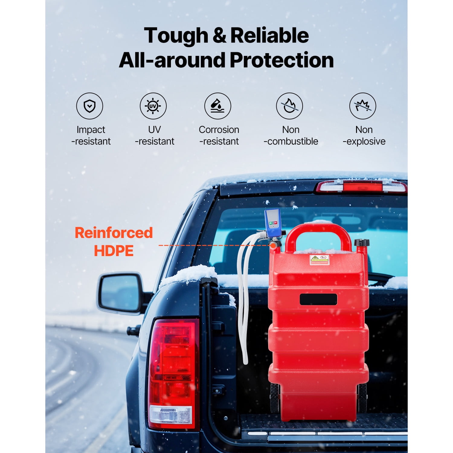 KFFKFF Fuel Carrier, 16-Gallon Capacity, Mobile Fuel Container with 12V DC 2.5 GPM Electric Fuel Circulation Pump, 4 ft Dispensing Hose & Auto-Halt Sensor Nozzle, Tank Connectors