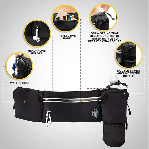 Running Belt with Water Bottle Holder - Waist Bag With Extender for Jogging, Hiking, Cycling, Walking - Dog Walker Hydration Fanny Pack - Sport Pouch iPhone Carrier for Women and Men - Black