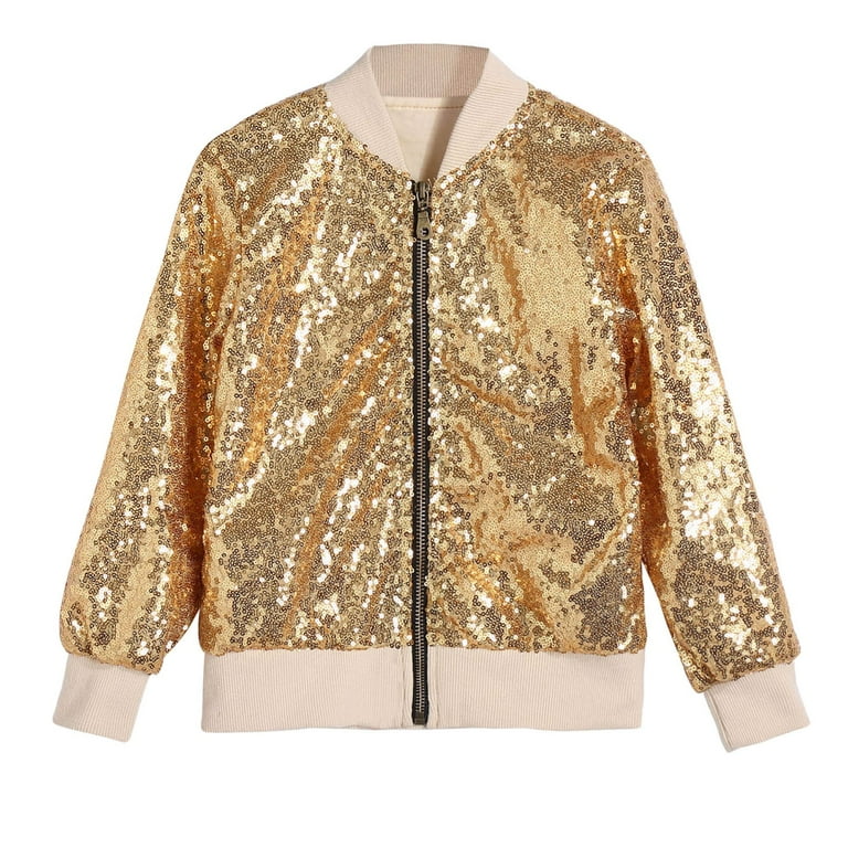 Irgucs Girls Sequin Jacket Long Zip up Soild Color Glitter Boys