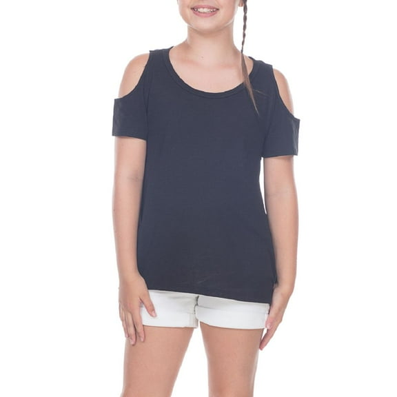 Girls 7-16 Slub Jersey Scoop Neck Cold Shoulder High-Low Short Sleeves Black L