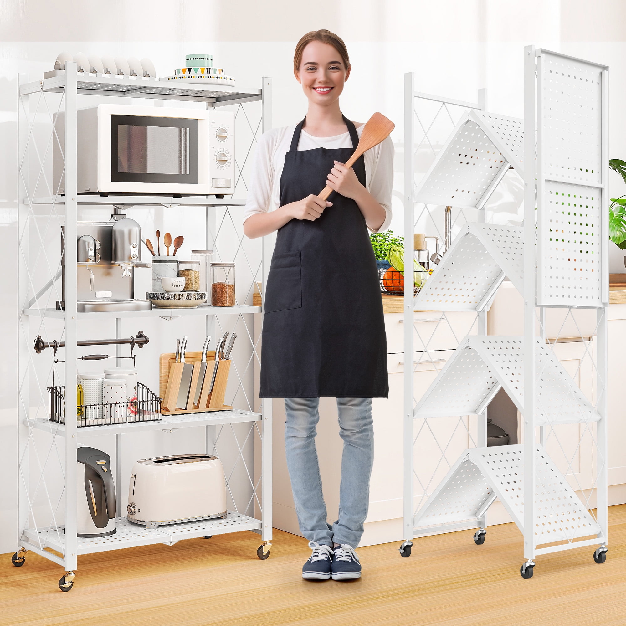 Furnibear 4 Tier Folding Storage Shelves with Wheels Foldable Metal Rack Collapsible Shelves for Garage Kitchen Basement Black