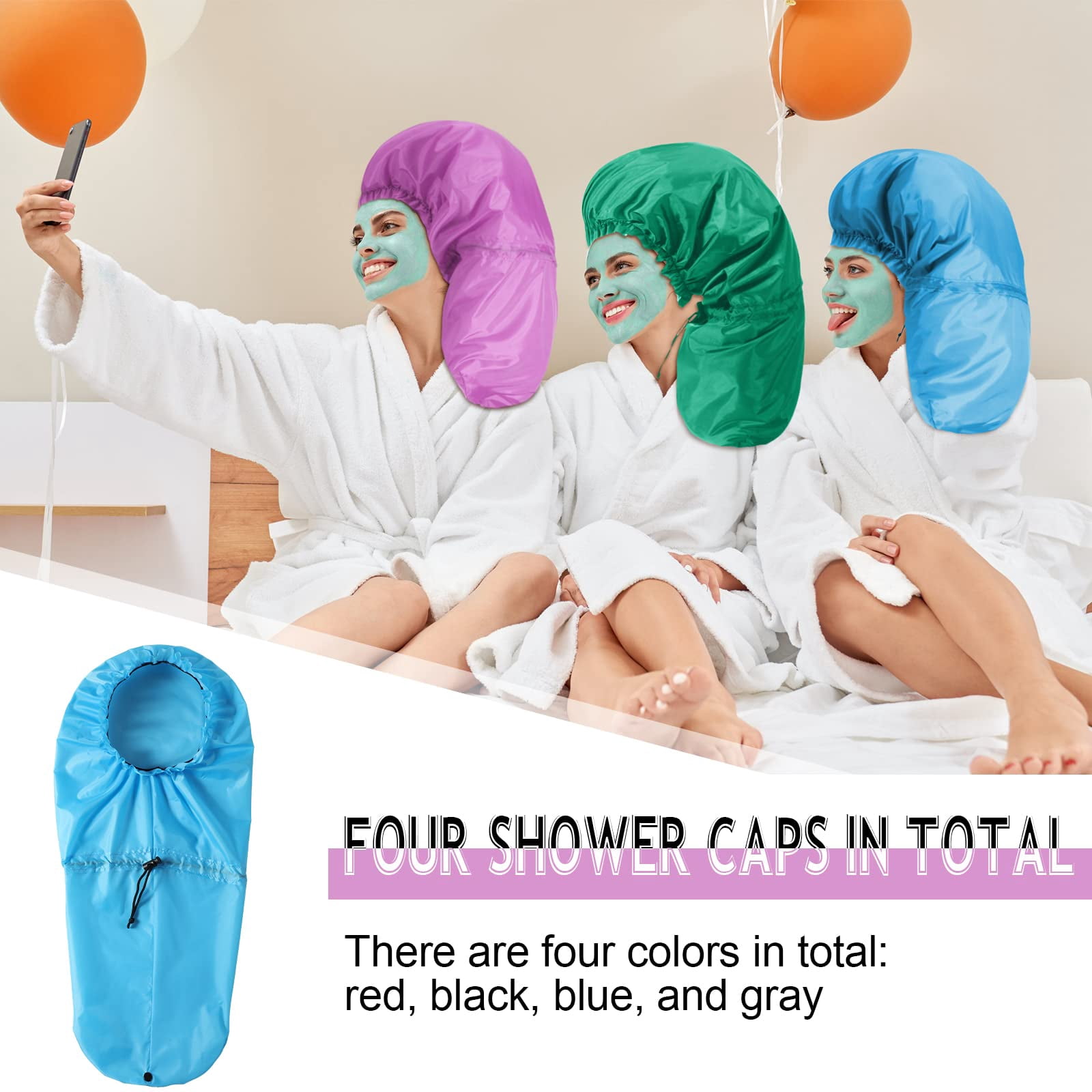 4 Large Shower Cap For Braids Extra Long Women Hair Locs Foldable Waterproof Reusable Xl Bonnets Dreadlocks Drawstring Bath Caps(pink  Blue Green Purple)