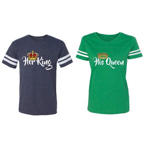 Her King His Queen Matching Couple Cotton Jerseys (Men Navy / Women Green) (Men XL / Women XXL)