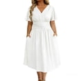 thumbnail image 2 of Women's Solid V-Neck Short Sleeve Mid Calf Summer Casual Dress, 2 of 5