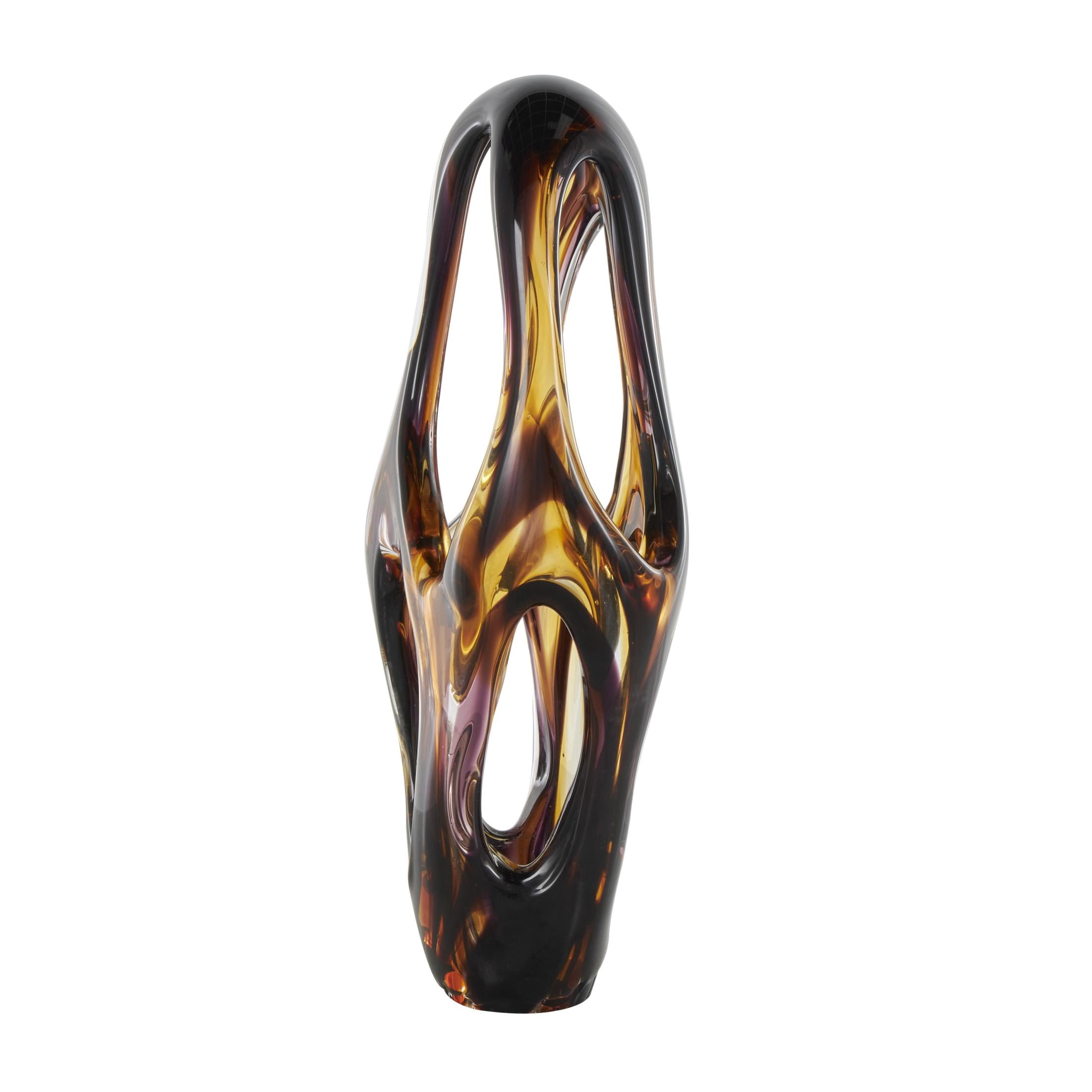 9" x 20" Yellow Glass Cutout Abstract Sculpture with Pink and Amber Accents, by DecMode