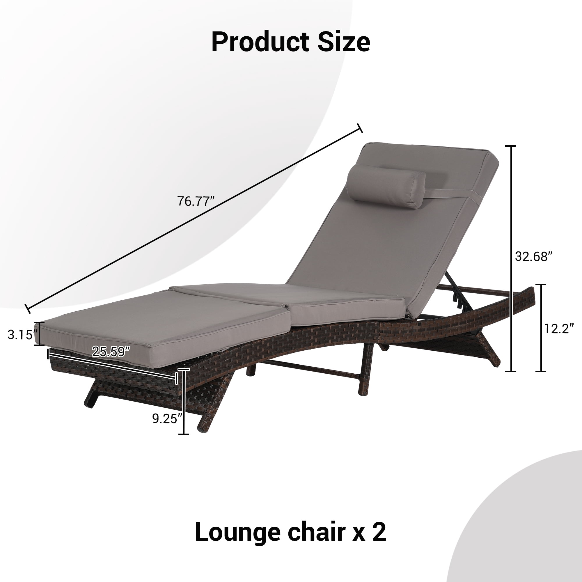 Leumius Outdoor Chaise Lounge Chair Set of 2,Wicker Long Reclining Chair with Cushions and Backrest Adjustable to 150° for Outside Pool Patio,Dark Gray