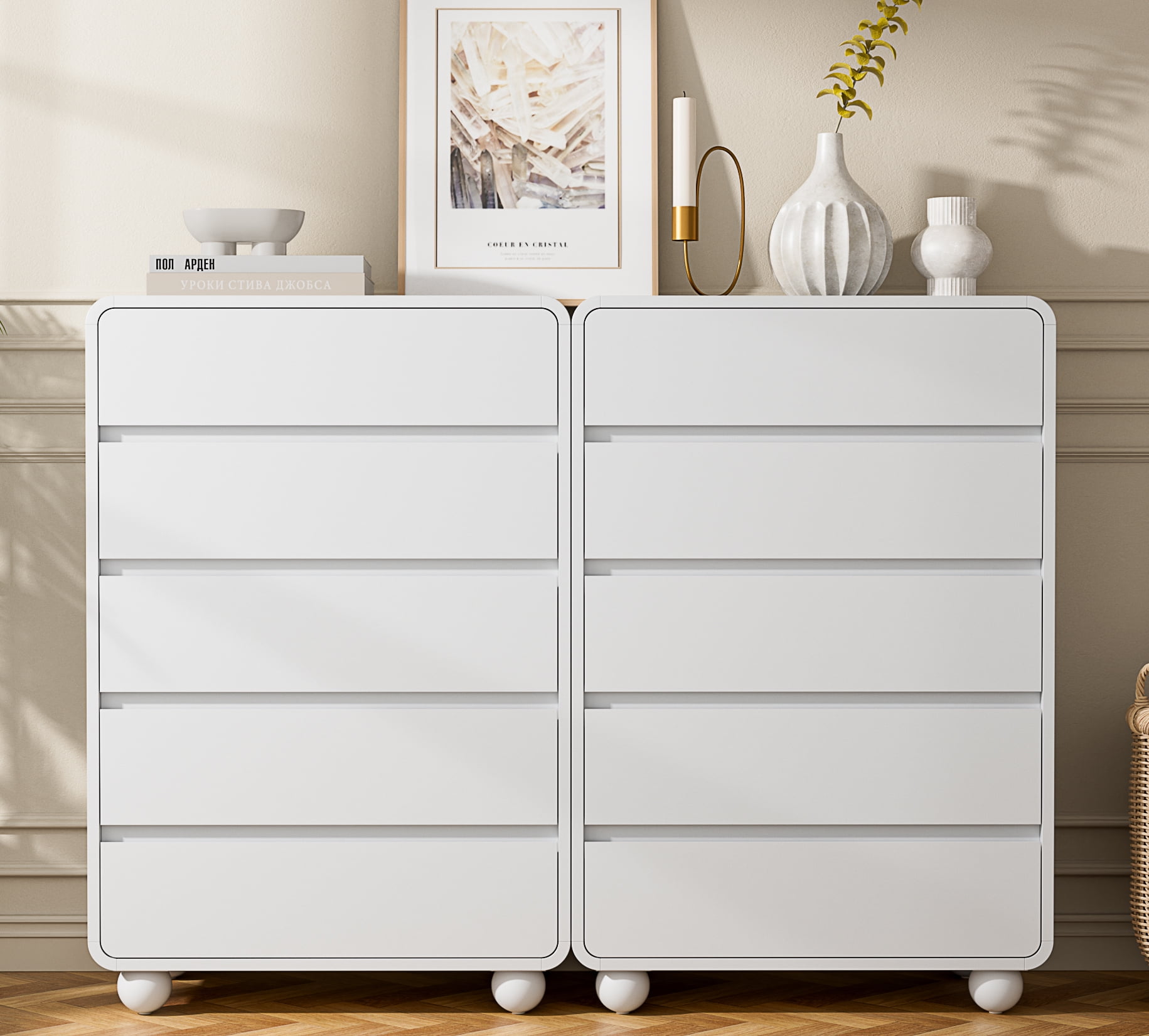 Laintene Tall Dresser 5 Drawer, Modern Wood Dresser for Bedroom, 41" Fluted Chest of Drawers with Curved Profile Design, White