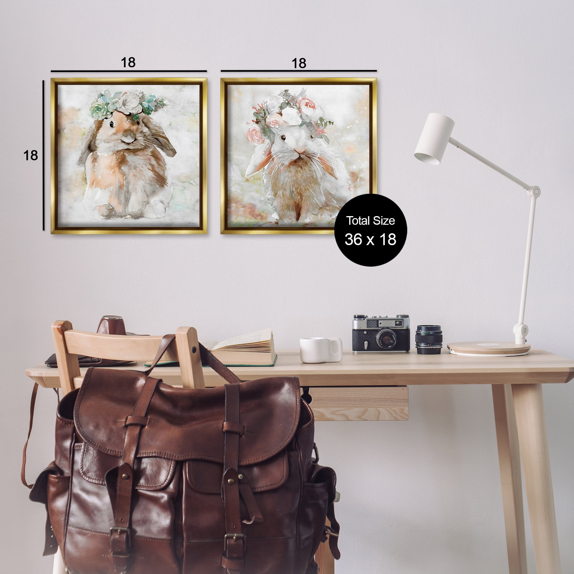 Stupell Industries Soft Spring Floral Bunnies Animals Painting Gold Floater Framed Canvas Art Print Wall Art, 18 x 18, Set of 2