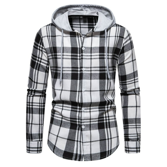 DDAPJ pyju Men's Flannel Hoodie Jacket Clearance Deals,Slim Fit Stretch Plaid Shirt Jackets Long Sleeve Drawstring Shacket Jacket Casual Button Down Outwear Tops