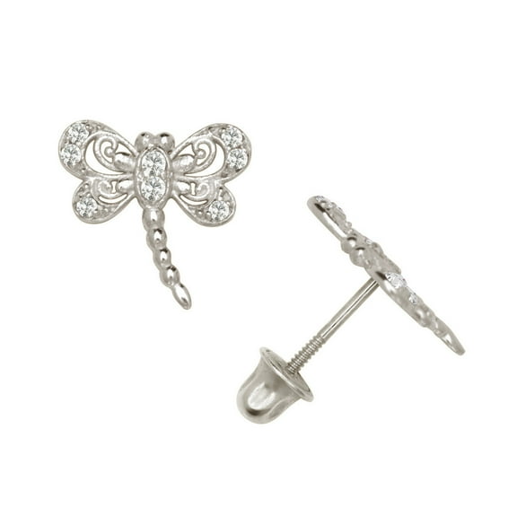 Solid 14k Gold CZ Beautiful Dragonfly Shaped Stud Earrings White Gold Gift For Women (White Gold)-Stud Earring