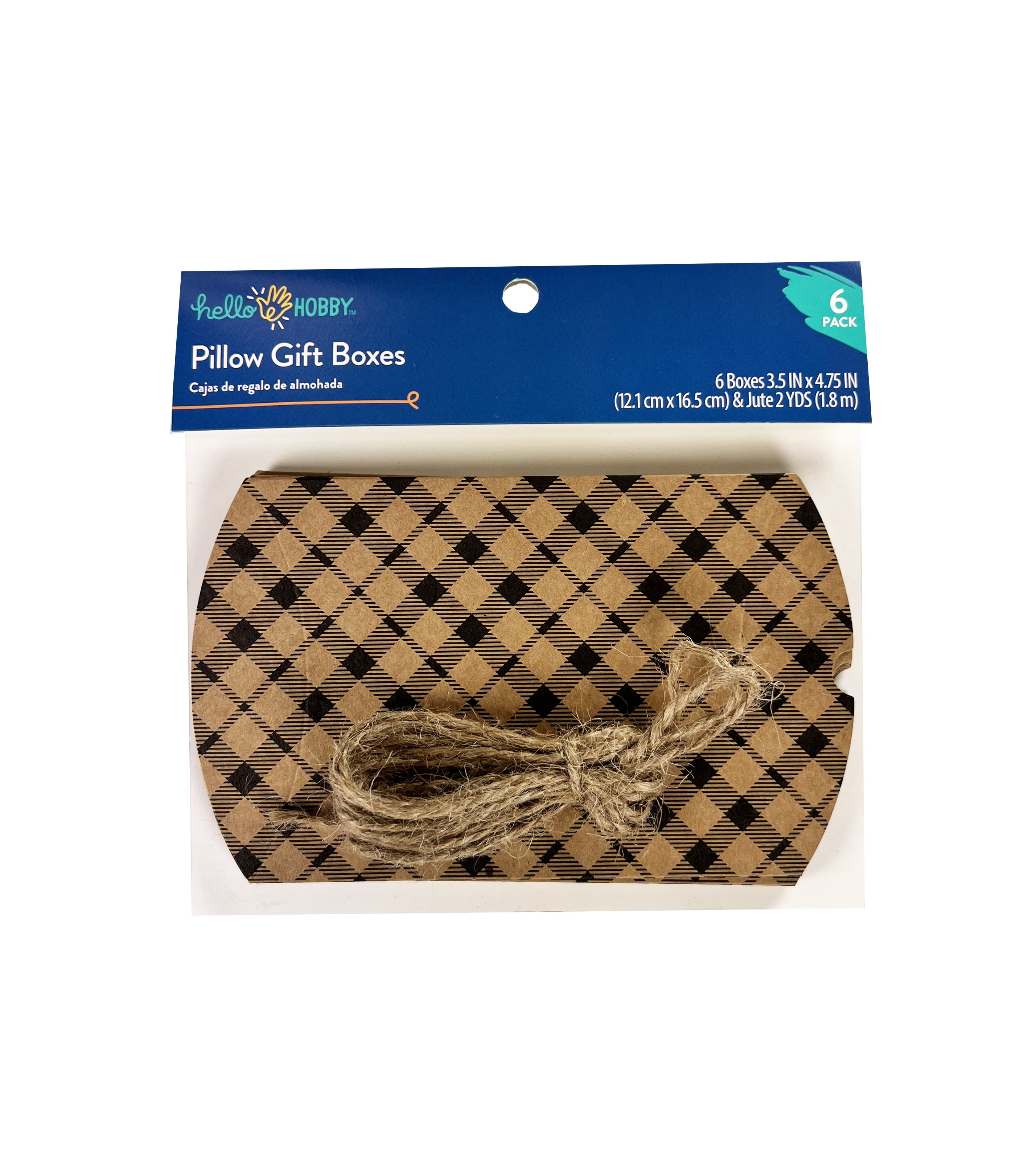 Hello Hobby Gift Pillow Box, 6 Pieces, Kraft and Black Plaid, Size 3.5x4.75