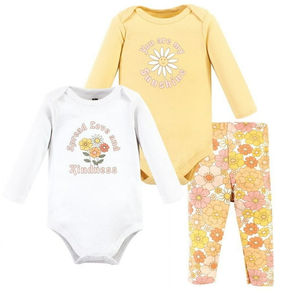 Hudson Baby Infant Girl Cotton Bodysuit and Pant Set, Peace Love Flowers Long Sleeve, Preemie