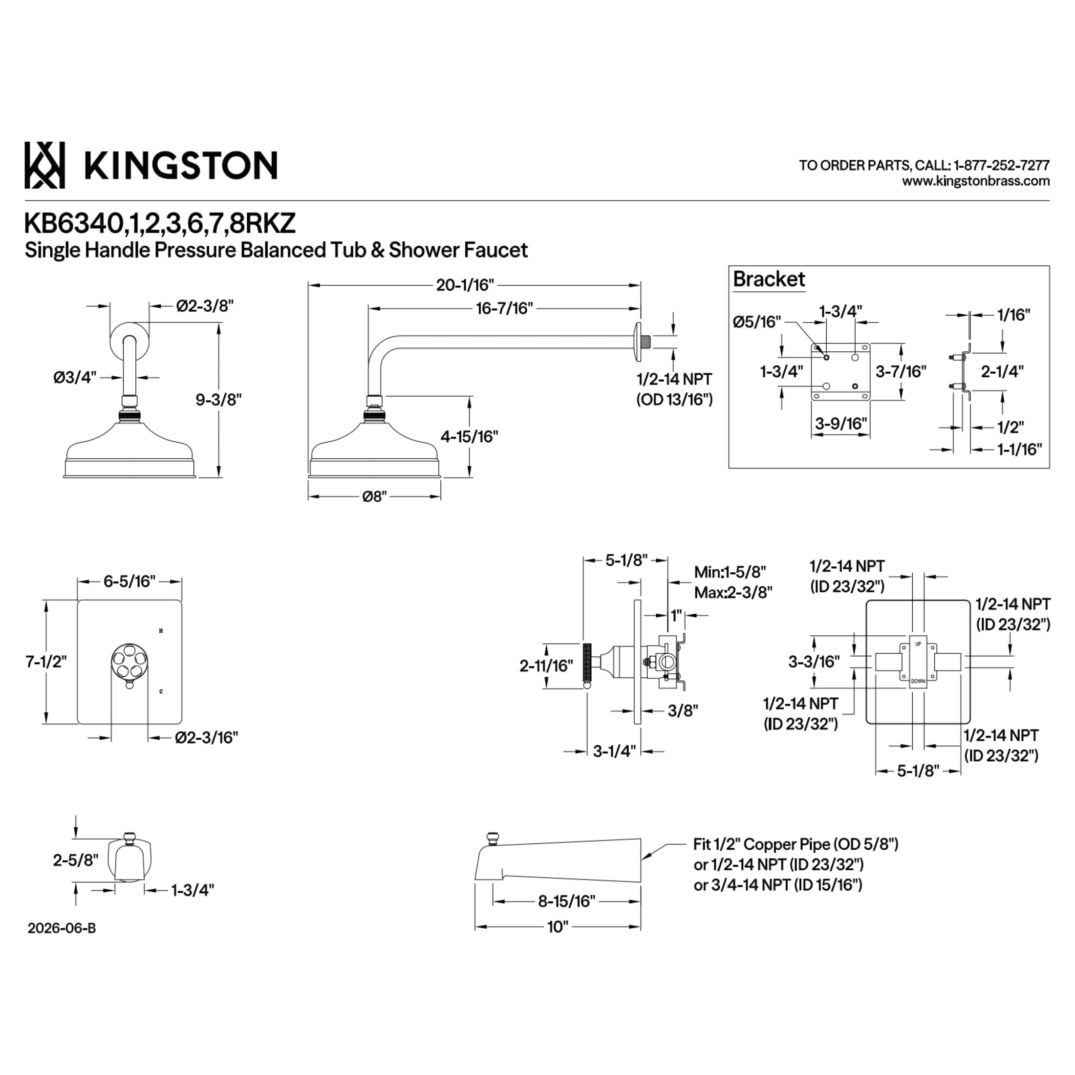 Kingston KB6341RKZ Wendell Knurled Single-Handle Pressure Balanced Tub and Shower Faucet, Polished Chrome