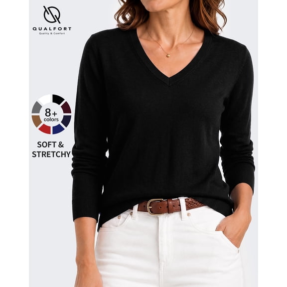 QUALFORT Sweaters for Women, Lightweight V Neck Long Sleeve Pullover Sweater, Soft Knit Women's Sweater Top, Black M