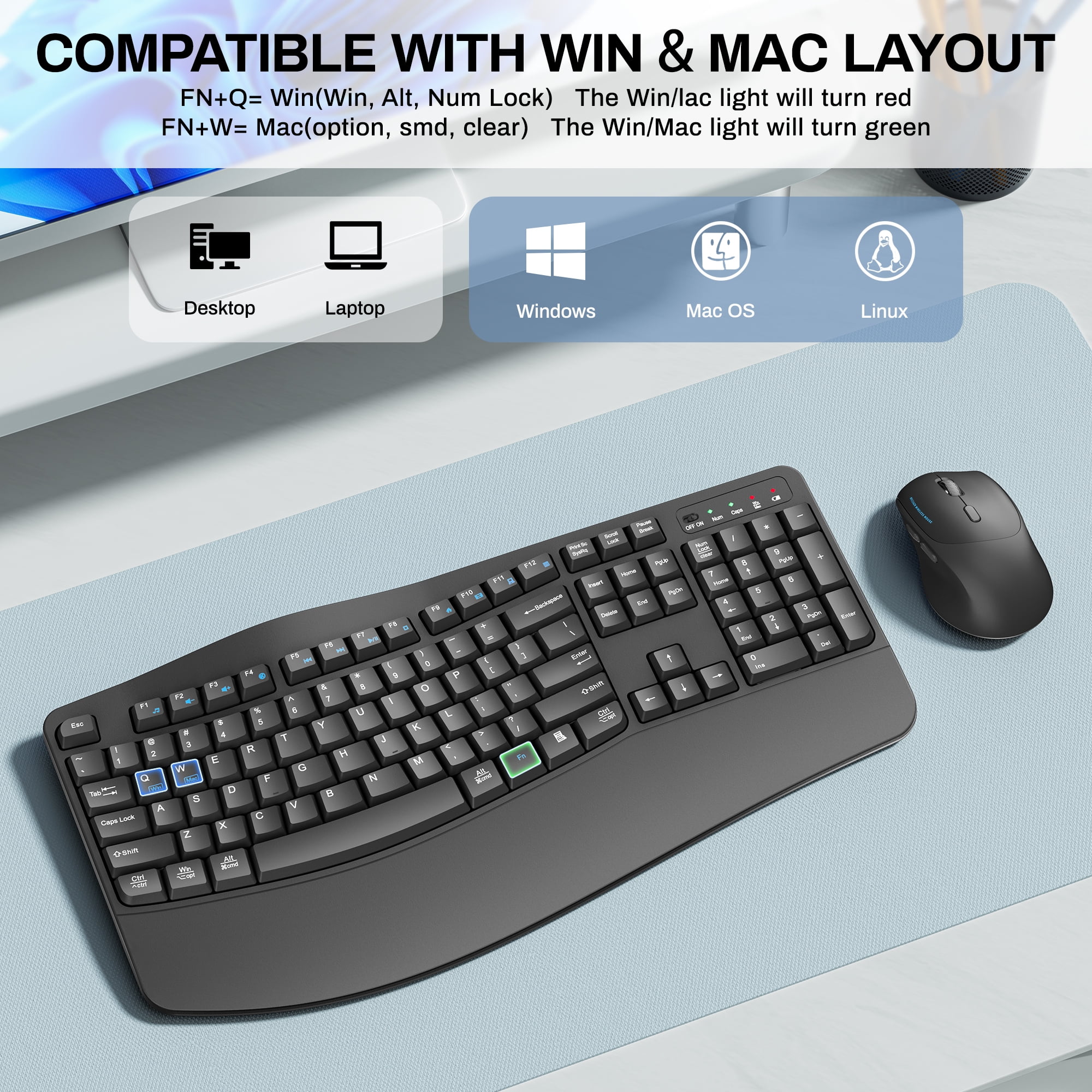 Wireless Keyboard and Mouse Combo, 2.4G Full Size Wave Keys Ergonomic Keyboard with Wrist Rest and 3-Level DPI Adjustable Wireless Ergonomic Mouse for Windows, Mac OS Desktop/Laptop/PC(Grey)