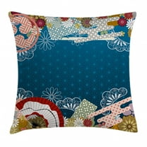 Modern Decor Throw Pillow Cushion Cover, Japanese Contemporary Asian Art with Flowers Hand Fans on Blue Backdrop Print, Decorative Square Accent Pillow Case, 18 X 18 Inches, Multicolor, by Ambesonne