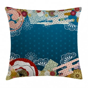 Modern Decor Throw Pillow Cushion Cover, Japanese Contemporary Asian Art with Flowers Hand Fans on Blue Backdrop Print, Decorative Square Accent Pillow Case, 18 X 18 Inches, Multicolor, by Ambesonne