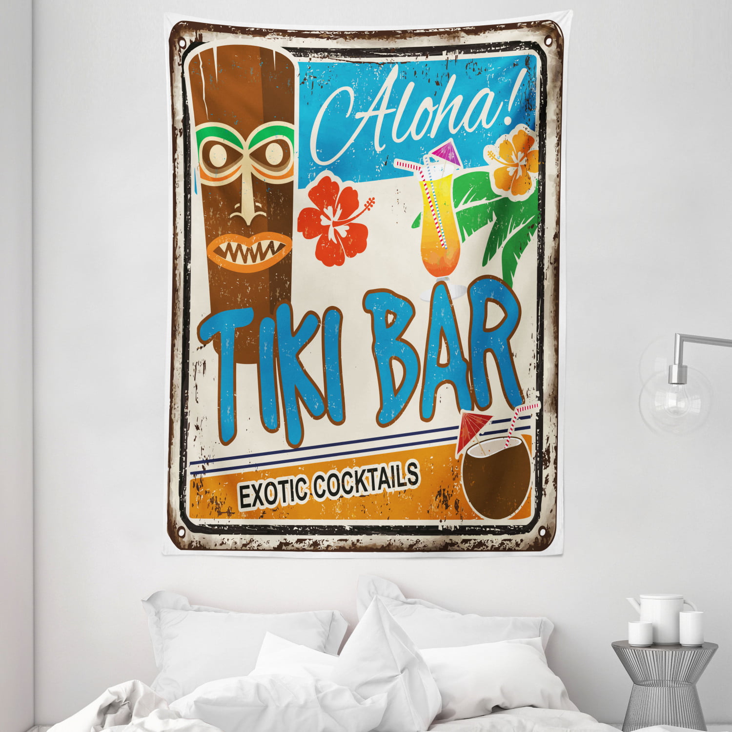 Tiki Bar Tapestry, Rusty Vintage Sign Aloha Exotic Cocktails and 