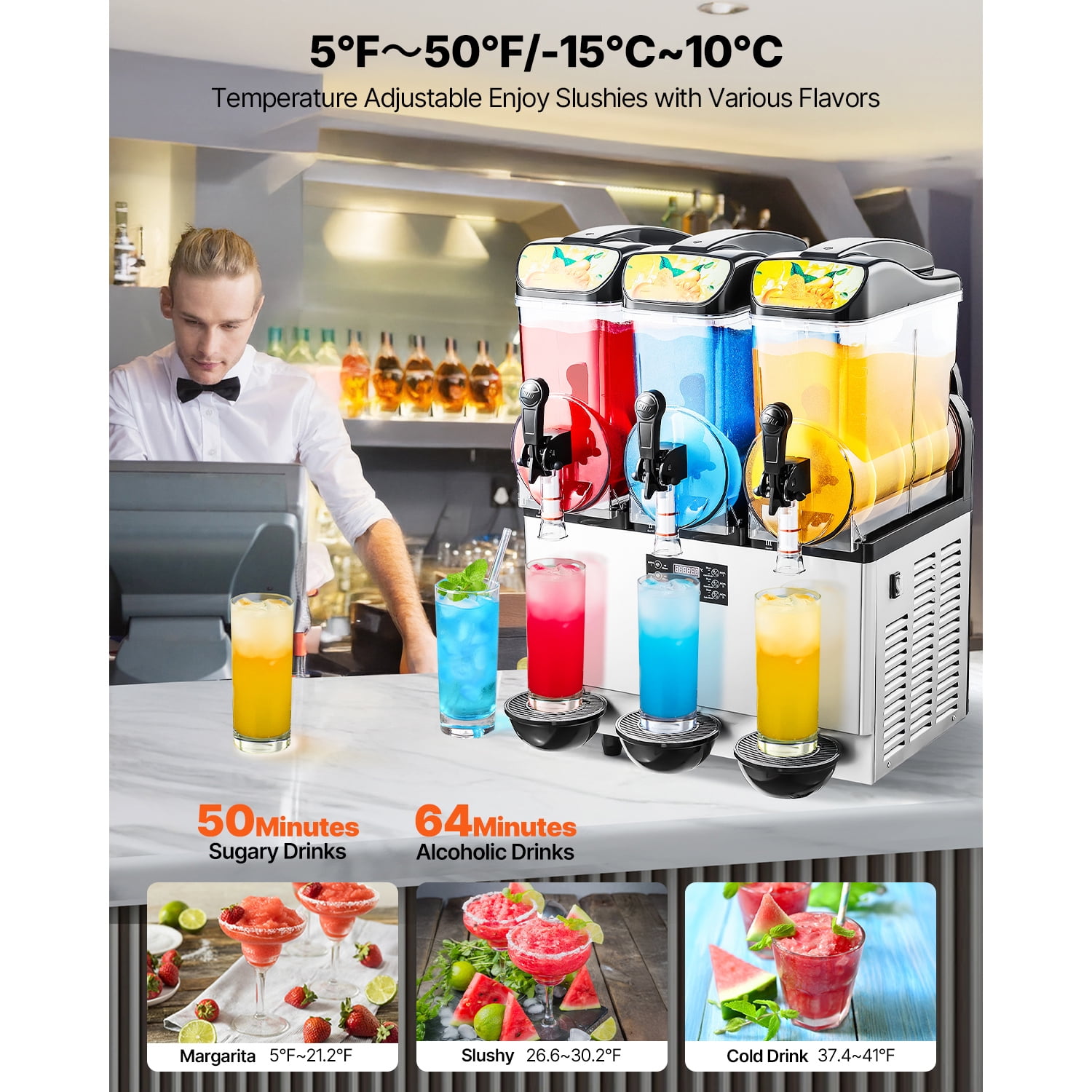 KFFKFF Commercial Frozen Drink Machine, Stainless Steel, 15L×3 Triple Tank, Silver