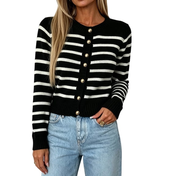 NSLGXD Women Striped Crew Neck Cropped Cardigan Sweater Button‑Down Long Sleeve Knit Tops Relaxed Fit Soft Lightweight Casual Trendy Fall Winter Sweaters S-2XL