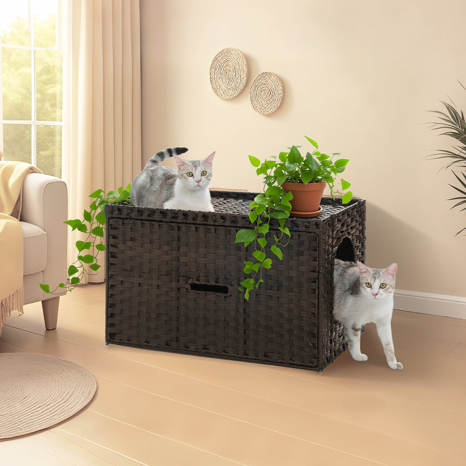 PEQULTI Rattan Cat Litter Box Enclosure Pet House with Taller Doorway for Large Cats Indoor Brown