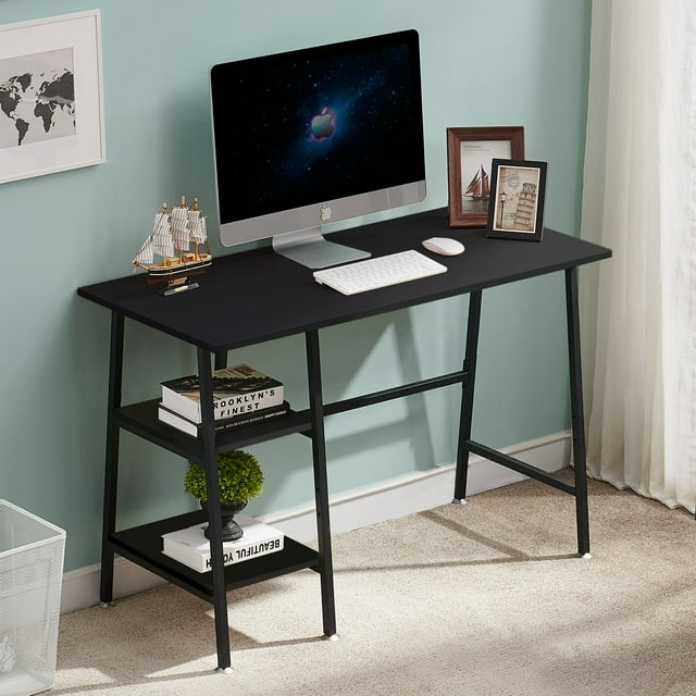 VECELO 43" Computer Desk with 2 Tier Storage Shelf, Study Writing Workstation for Home Office, Black