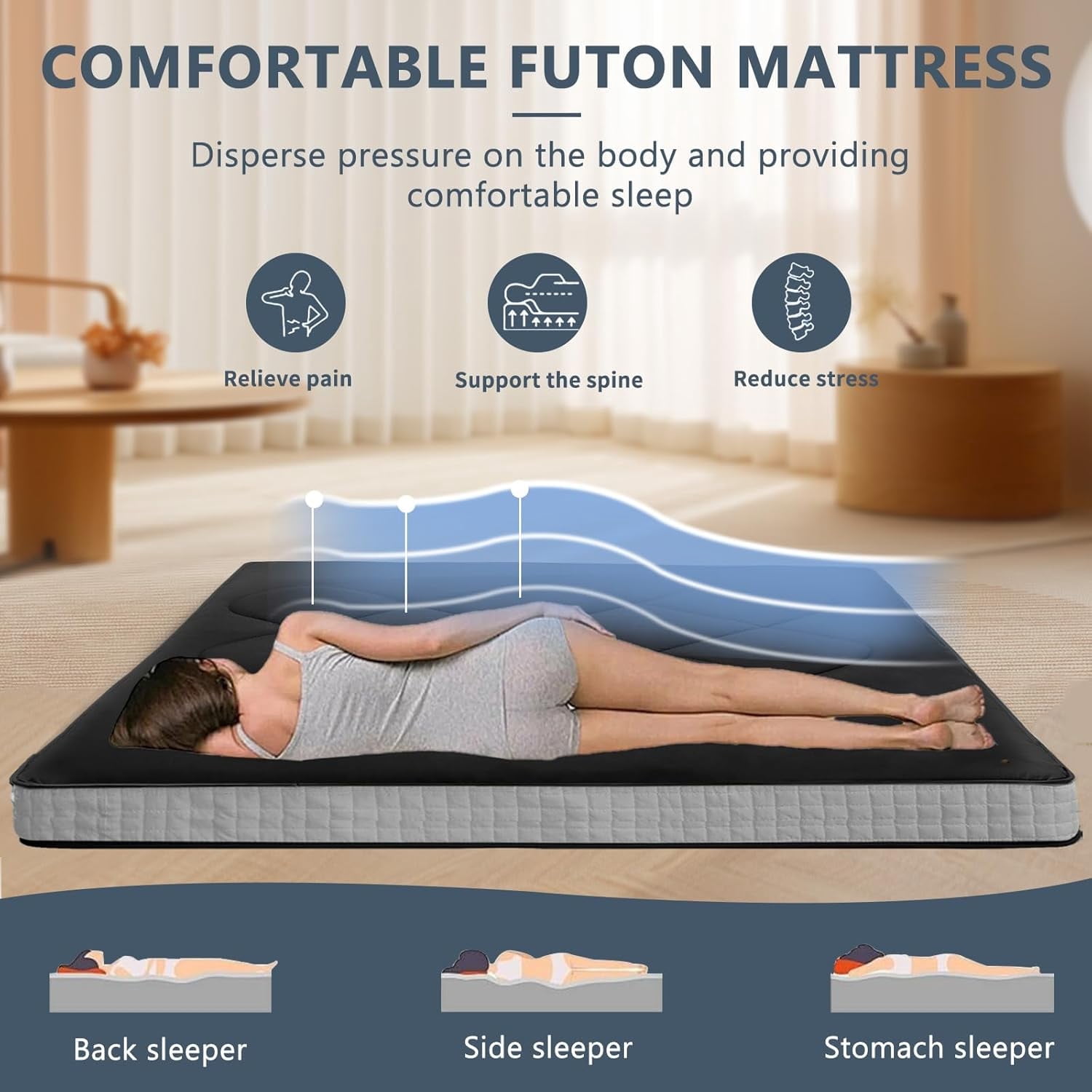 ABORON Japanese Floor Mattress Futon Mattress Full Size, Thicken Tatami Mat Sleeping Pad Foldable Roll Up Mattress Black