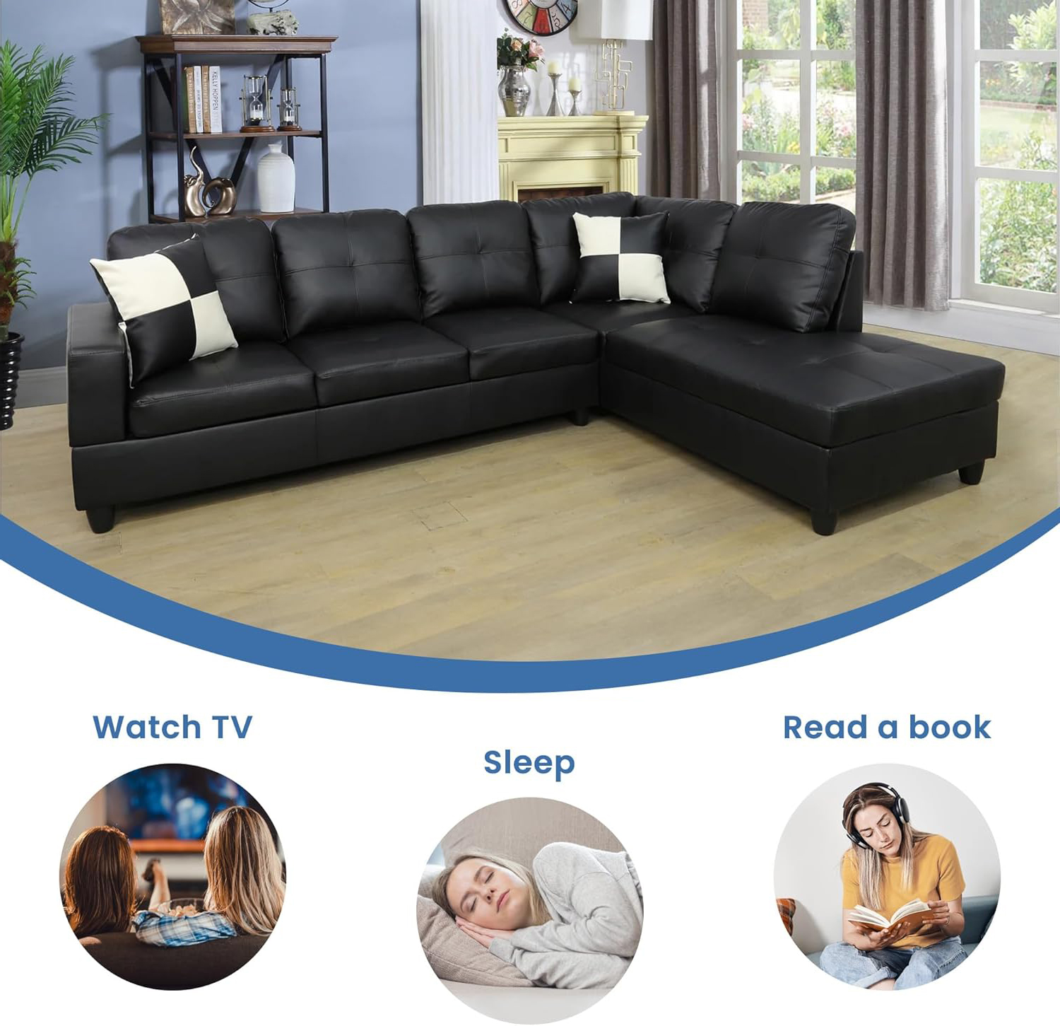 Sectional Couch for Living Room Furniture Sets, Black Faux Leather Sofa Couch L Shape Couch Living Room Sofa with Chaise 2 Piece Using for Living Room(Black,Facing Right Chaise)