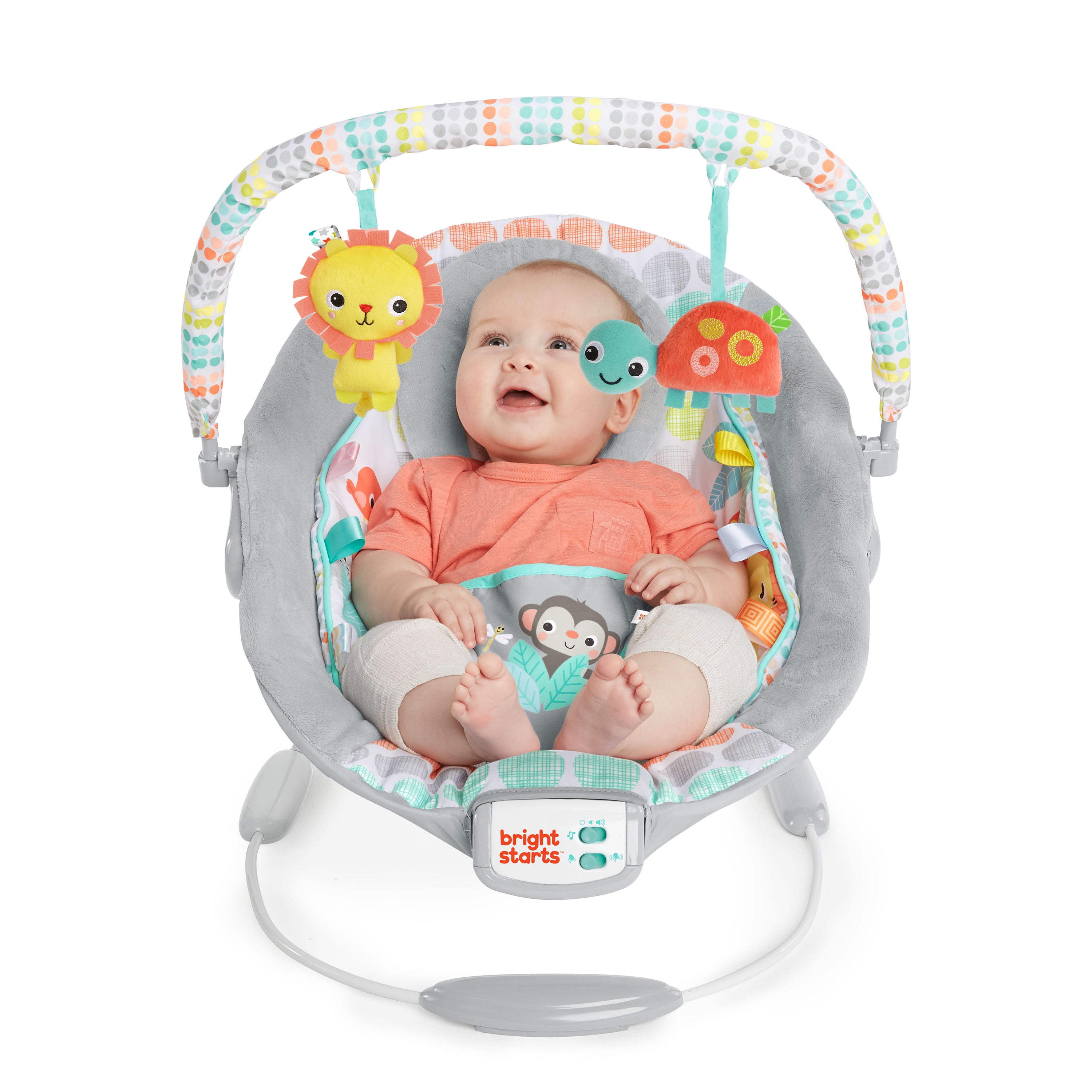 Bright Starts Comfy Baby Bouncer Soothing Vibrations Infant Seat - Taggies,  Music, Removable Toy-Bar, 0-6 Months Up to 20 lbs (Jungle Vines)