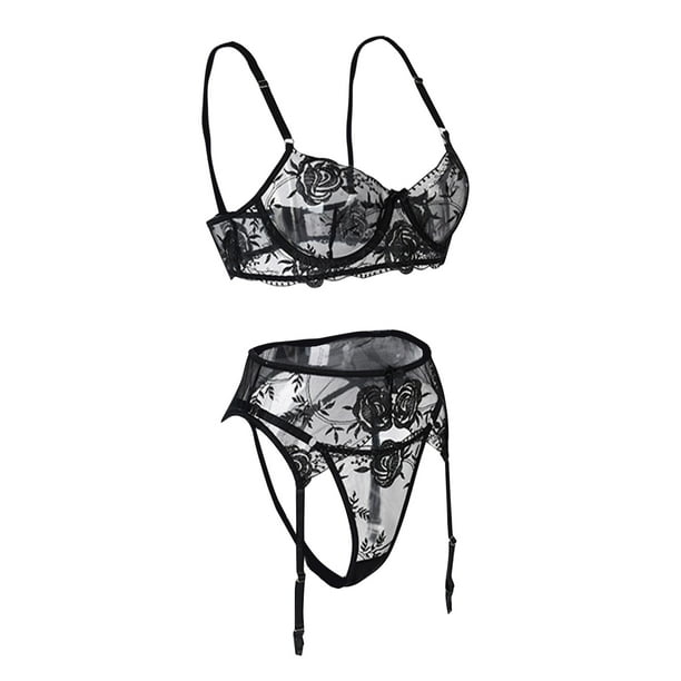 Pisexur Womens Plus Size Lingerie, Sexy Underwire Push Up Strappy  Embroidered Mesh Sheer Lingerie Set for Women 2 Piece Bra and Panty Sets 