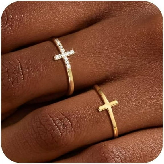 Dainty 2Pcs Cross Ring Set - Thin 14K Gold Plated Stackable Thumb Non Tarnish CZ Rings for Women Trendy Jewelry Size 5-10