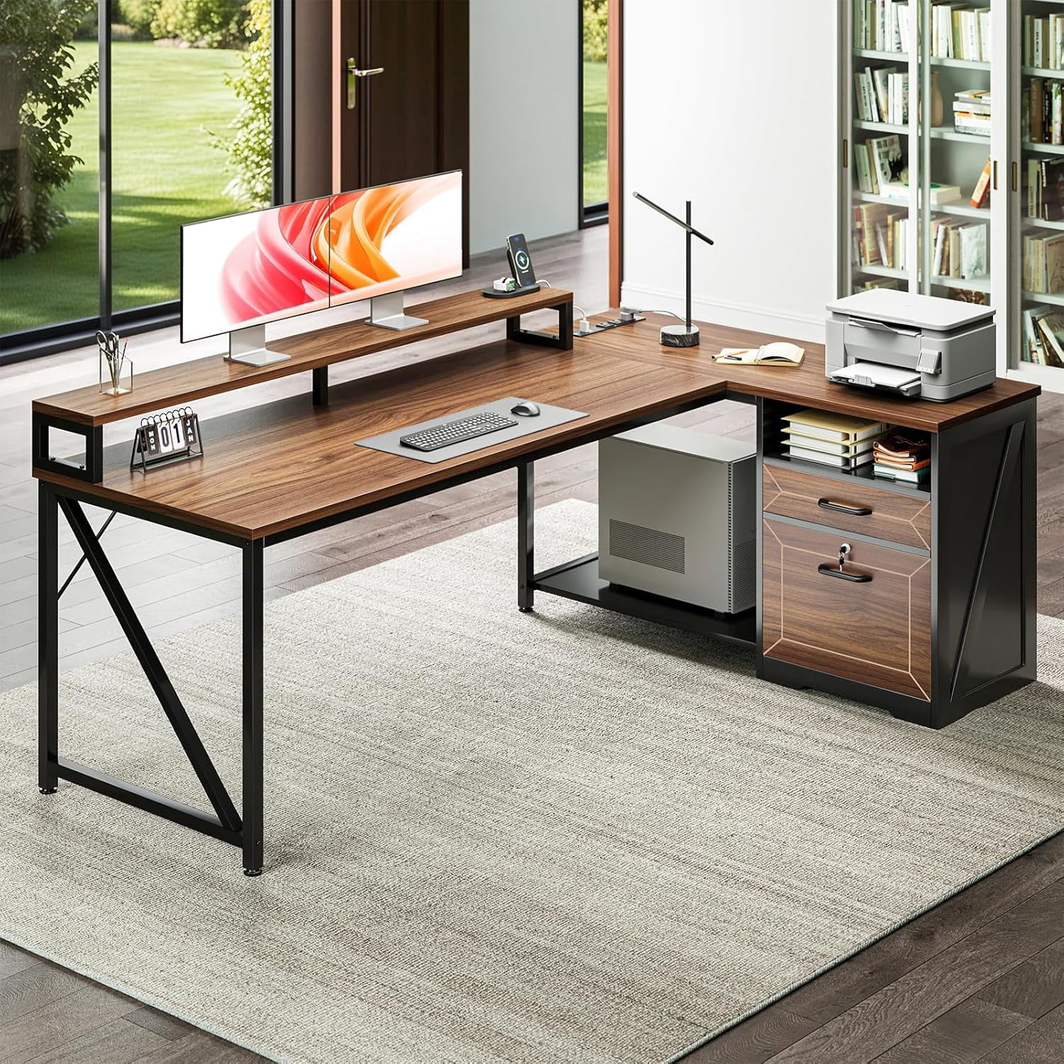 AODK 61 Inch L Shaped Desk with Drawers & lockable File Cabinet, Farmhouse Executive Office Desk with Led Lights & Power Outlet, Computer Desk with Storage Shelves,Monitor Stand and CPU Stand, Walnut