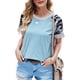 thumbnail image 1 of Ficarrico Mujer Cuello Redondo Top Camisa De Manga Corta Empalme A Rayas Impreso Top Verano Causal Blusa Azul XL, 1 of 6