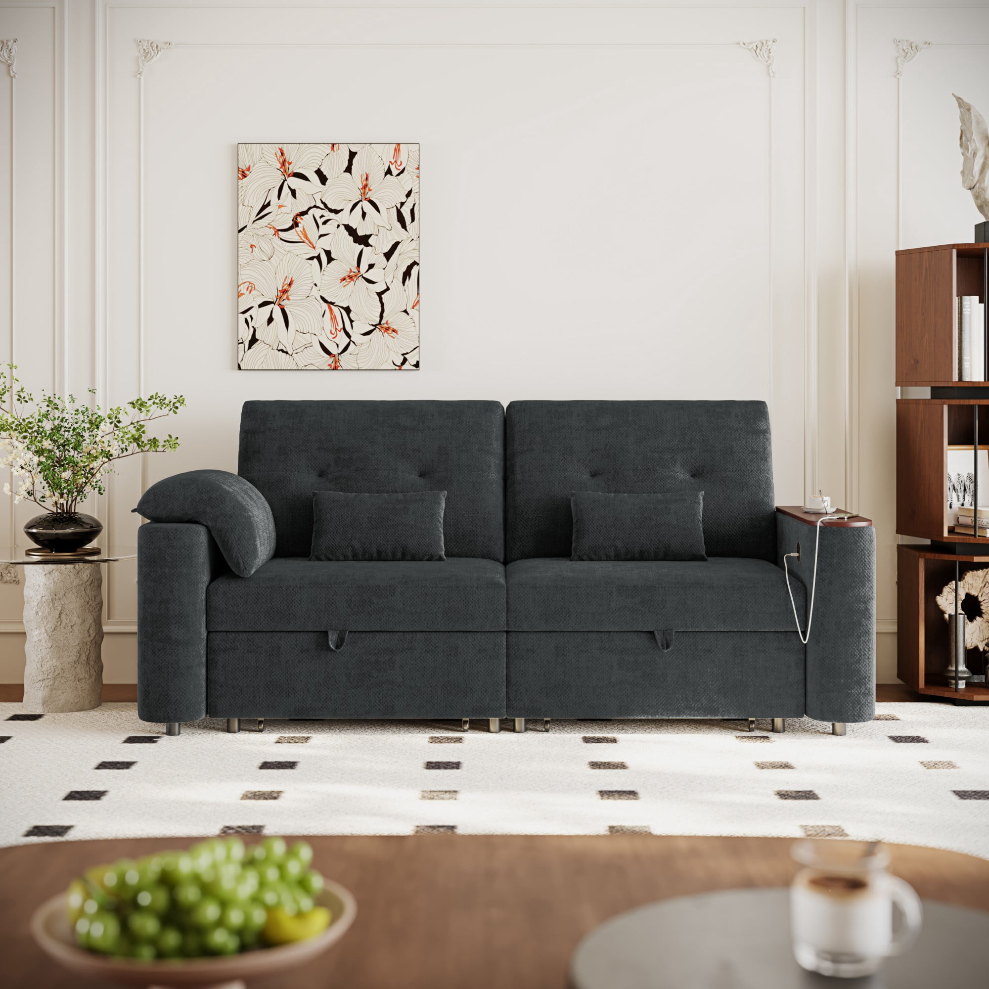 DEALTOPS 82" Chenille 3-in-1 Convertible Sleeper Sofa Bed with 270° Swivel Table & USB Ports, Black