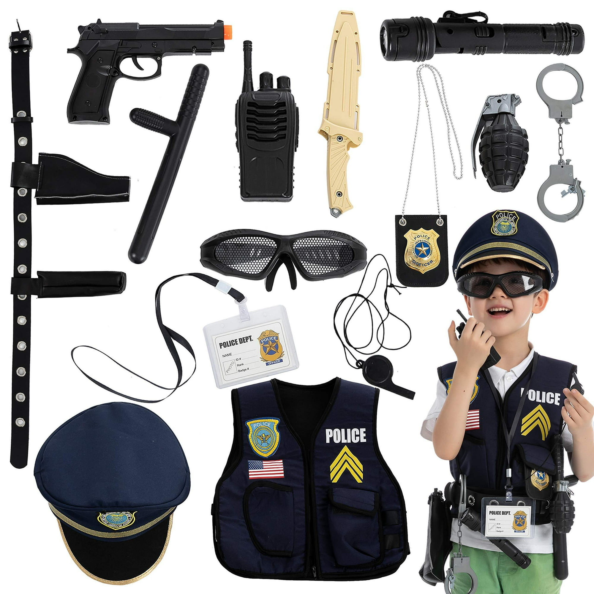 JOYIN 14 Pcs Police Pretend Play Toys Hat and Uniform Outfit for Halloween Dress Up Party Police Officer Costume Role Playing