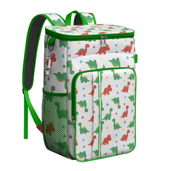 Travel Cooler Bag - White Cartoon Dinosaurs Geometric Shapes Pattern Camping Beer Cooler Backpack with Bottle Opener- Waterproof Insulated Picnic Backpacks - Cooler Bag for Beach