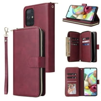 Samsung Galaxy A52 5G Wallet Case, Dteck ,Folio Flip Leather Cover[Zipper Pocket][Wrist Strap][Kickstand ][Magnetic Closure][9 Card Slots] for Samsung Galaxy A52 5G/4G, Winered