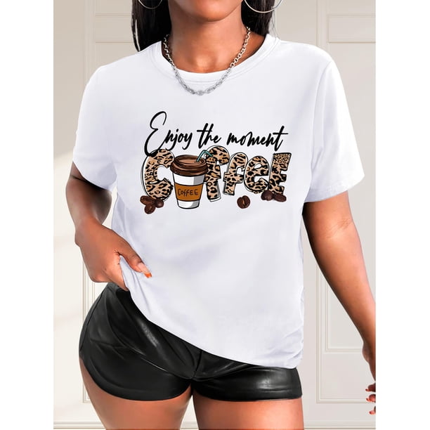 Camiseta informal de moda para mujer con estampado de leopardo y té con leche de castañas - Cuello redondo, manga corta, algodón, lavable a máquina, ideal para primavera y verano | Camiseta de cuello