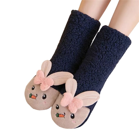 WZXFASHION Thermal Non-Slip Short Plush Socks, Fleece Lined Grip Socks for Home, Ultra Warm Floor and Sleep Socks NavyOne Size