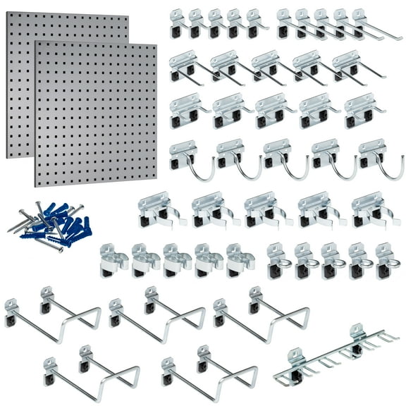 Triton Products (2) 24 In. W x 24 In. H Gray Epoxy Coated 18-Gauge Steel Square Hole Pegboards with 46 pc LocHook Assortment