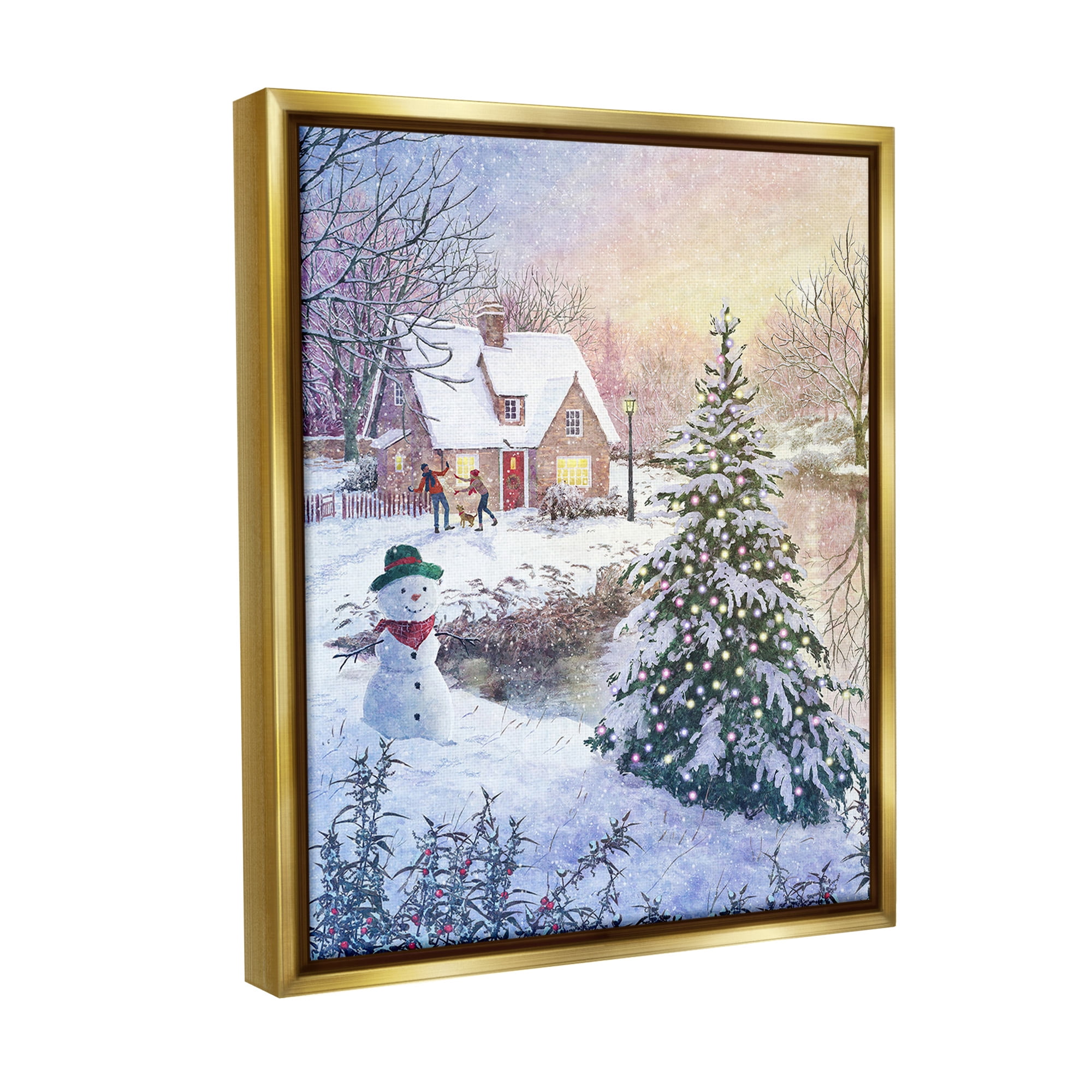 Stupell Industries Kids Playing in Snow Holiday Painting Gold Floater Framed Canvas Art Print Wall Art, 25 x 31