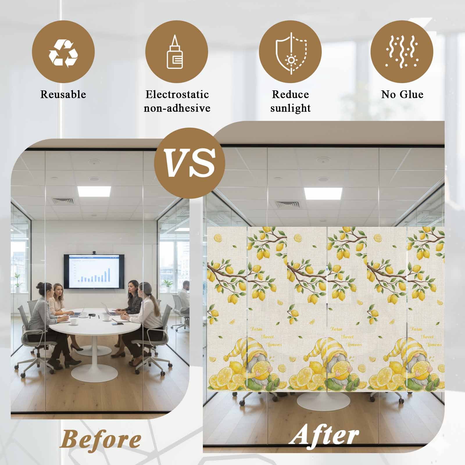 Summer Vintage Gnome Lemon Window Privacy Film, Country Farm Yellow Lemon Tree Leaf Frosted Glass Window Clings Static Cling UV Heat Blocking Reusable Door Sticker for Bathroom 23.6 x 59 Inch