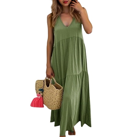 DGMIOCS Women s Long Bohemian Style Sleeveless V Neck Beach Maxi Dress in Solid Color for Everyday Outdoor and Summer Leisure Green XXXXL